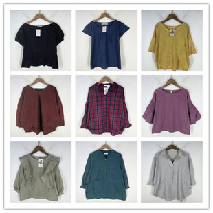 复古着vintage日韩精选校园风甜美系格子条纹绣花棉麻布衬衫 Z1364