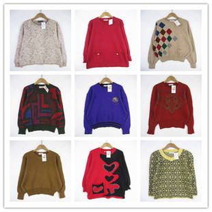 复古着vintage外贸尖货学院风甜美系卡通印绣花卉套头纯毛衣D4762