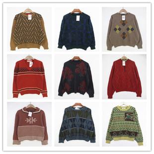 复古着vintage日韩尖货校园风甜美系菱格撞色印花套头纯毛衣D2461