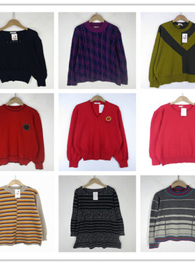 复古着vintage外贸尖货英伦风森女系条纹徽章LOGO套头纯毛衣M0261