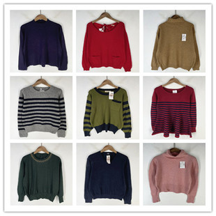 复古着vintage外贸尖货校园风甜美系纯色条纹绣花套头纯毛衣M2102