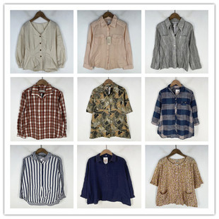 复古着vintage外贸尖货民族风森女系格子条纹印花棉麻布衬衫 V1263