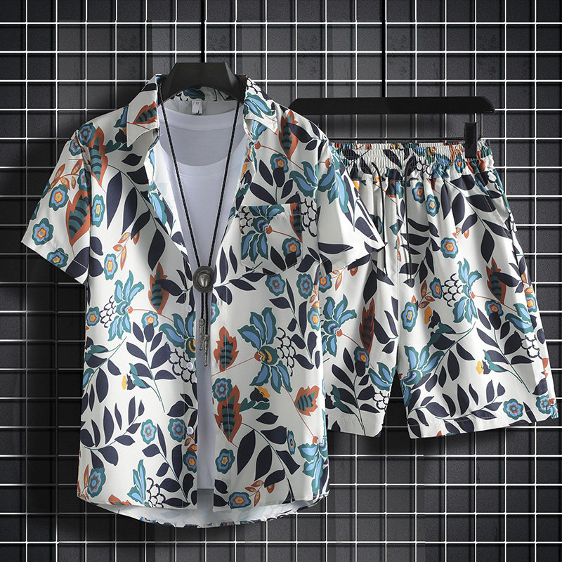 夏季沙滩套装男港风复古短袖花衬衫夏威夷情侣海边度假短裤两件套