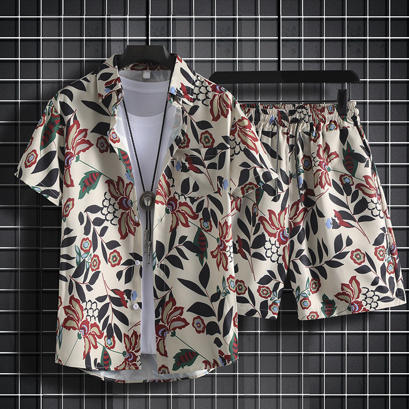 夏威夷沙滩套装男港风复古短袖花衬衫情侣海边度假旅游短裤两件套