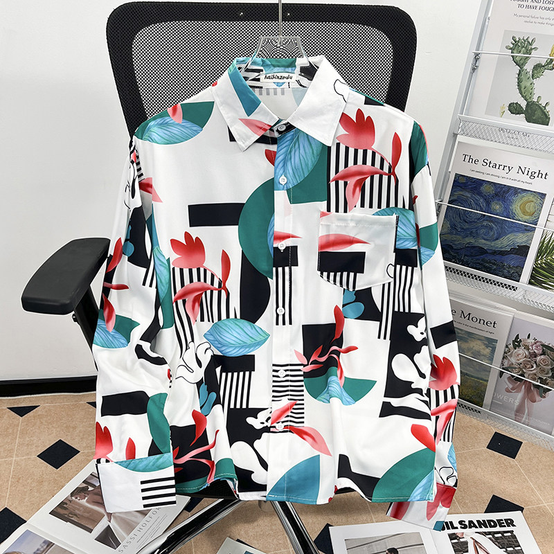 2024春季新款休闲上衣加大码港风长袖款复古风印花长袖雪纺衬衫