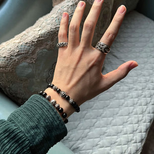 经久不衰 暗黑摇滚风 十字架浮雕925银珠 黑曜石手串手链男女同款