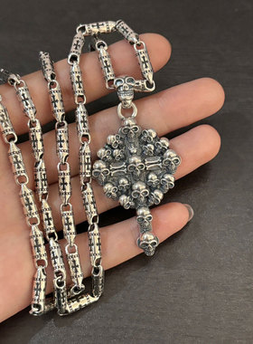 超大骷髅吊坠电镀银机车项链