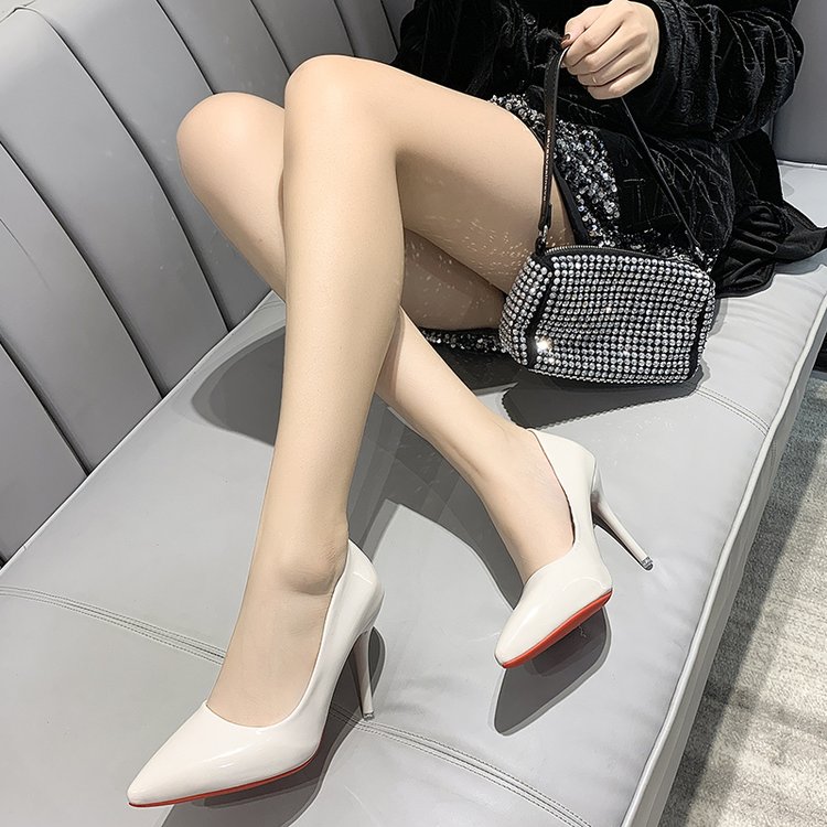 漆皮高跟鞋女中跟5cm仙女风百搭职业工作伴娘鞋白色学生礼仪单鞋9