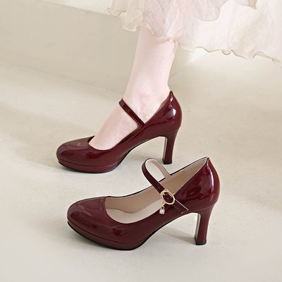 8cm高跟鞋女一字扣粗跟漫展COS百搭圆头防水台万用性感单鞋黑色ol