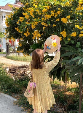 特大码胖MM法式黄色碎花连衣裙子女早春季2026波西米亚风度假短裙