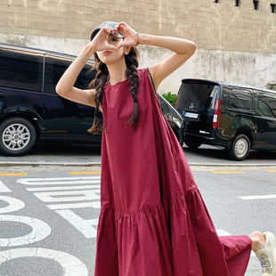 裙子女夏季 拼接茶歇显瘦无袖 甜美酒红色连衣裙 胖MM小众法式 超大码