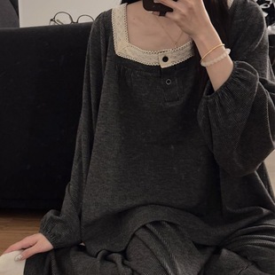大码胖MM秋冬新款睡衣女长袖长裤花边高级感复古宫廷风家居服套装