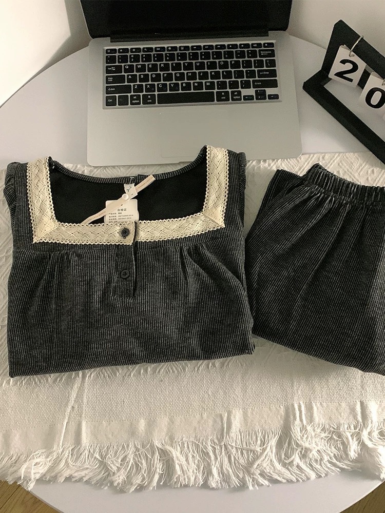 特大码胖MM日系花边睡衣女春秋宫廷风长袖长裤宽松家居服慵懒套装