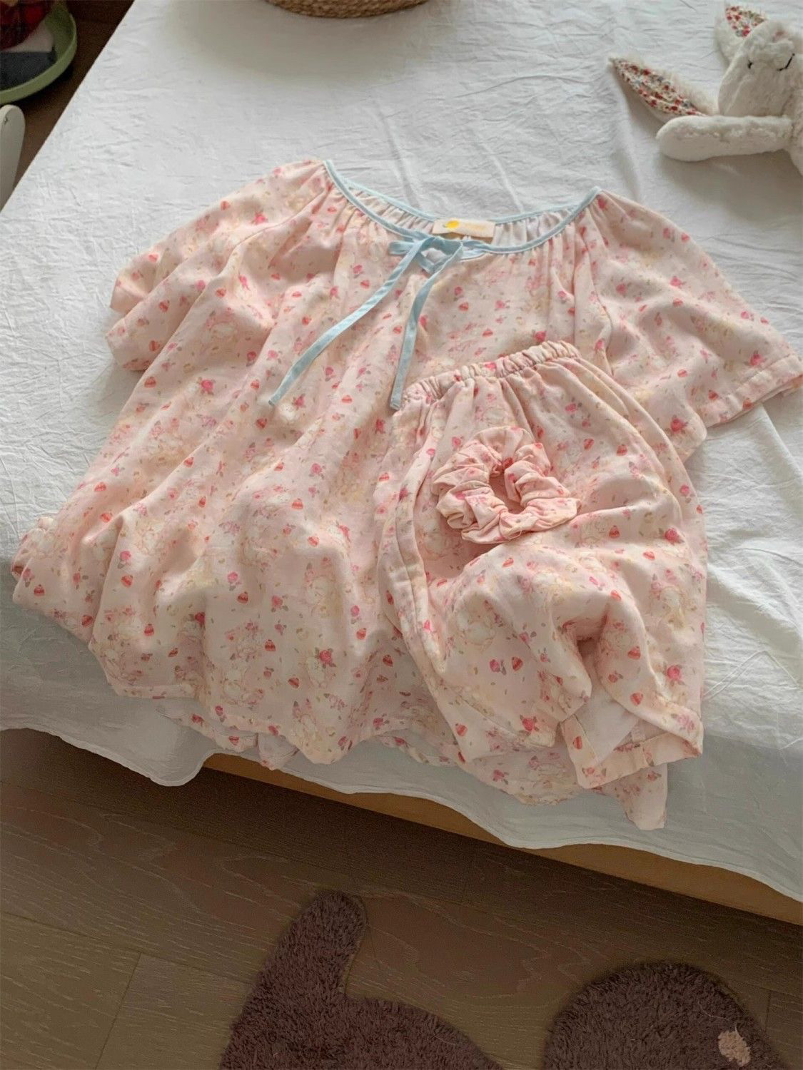 特大码胖MM韩系甜美碎花睡衣女夏季新款休闲短袖短裤家居服两件套 - 实物图