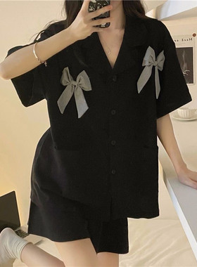 特大码胖MM短袖短裤睡衣女夏季蝴蝶结宽松甜美荷叶边家居服两件套