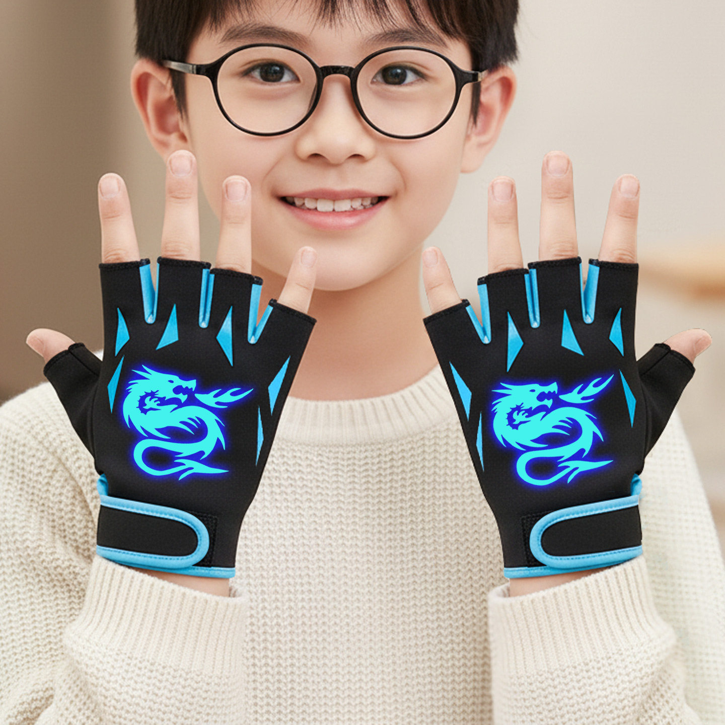 儿童手套男童半指秋冬季加绒保暖防寒露指写字写作业夜光骑行防滑