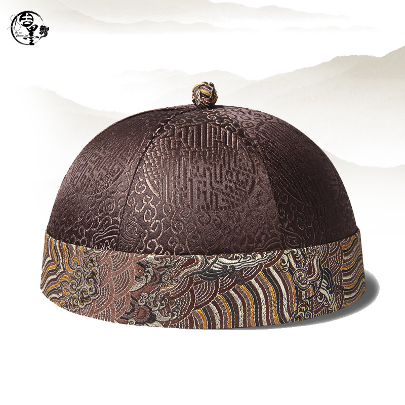古墨原创设计地主帽子大码咖啡色瓜皮帽中老年男士圆顶表演舞台帽