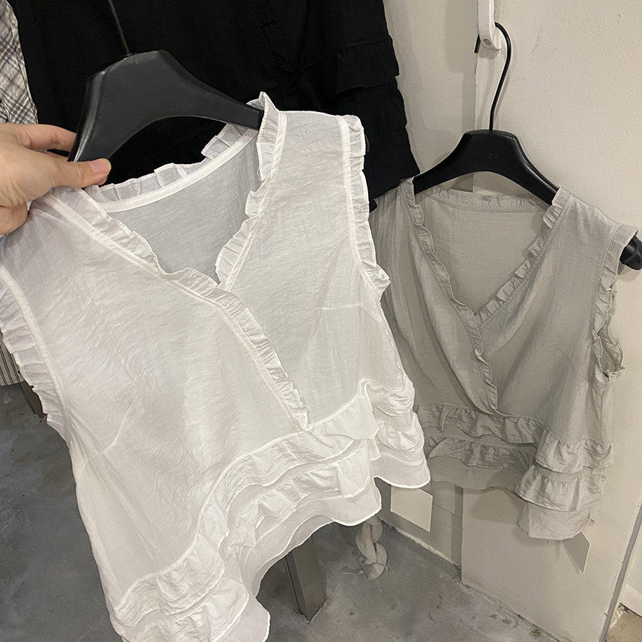 韩版荷叶边V领蕾丝衫女无袖显瘦减龄褶皱娃娃衫绑带雪纺上衣