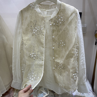 新中式2025春季新款时尚欧根纱刺绣串珠烫金亮片薄马甲长袖衬衫女