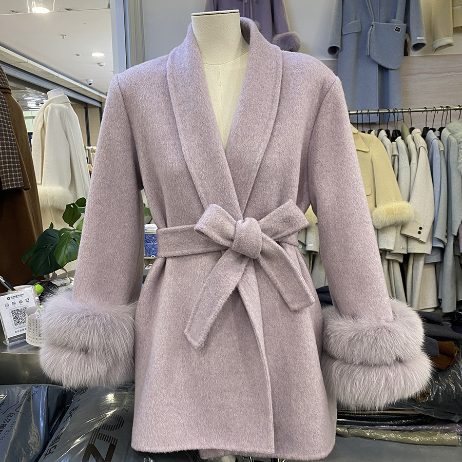 千金风羊绒大衣女25冬系带收腰