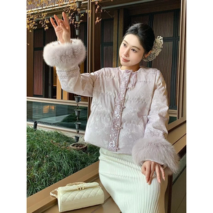 反季捡漏！新中式国风拼接狐狸毛可拆卸羽绒服外套冬仙气女潮