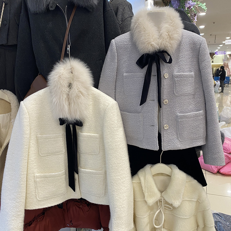 名媛风真毛领短款蝴蝶结羽绒服