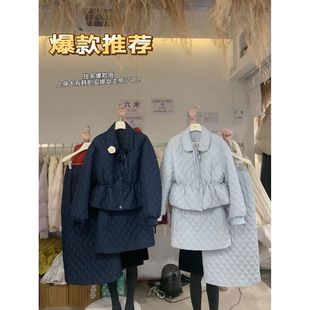 菱格蝴蝶结收腰上衣半裙羽绒套装 韩版 温柔减龄学院保暖2025冬新款