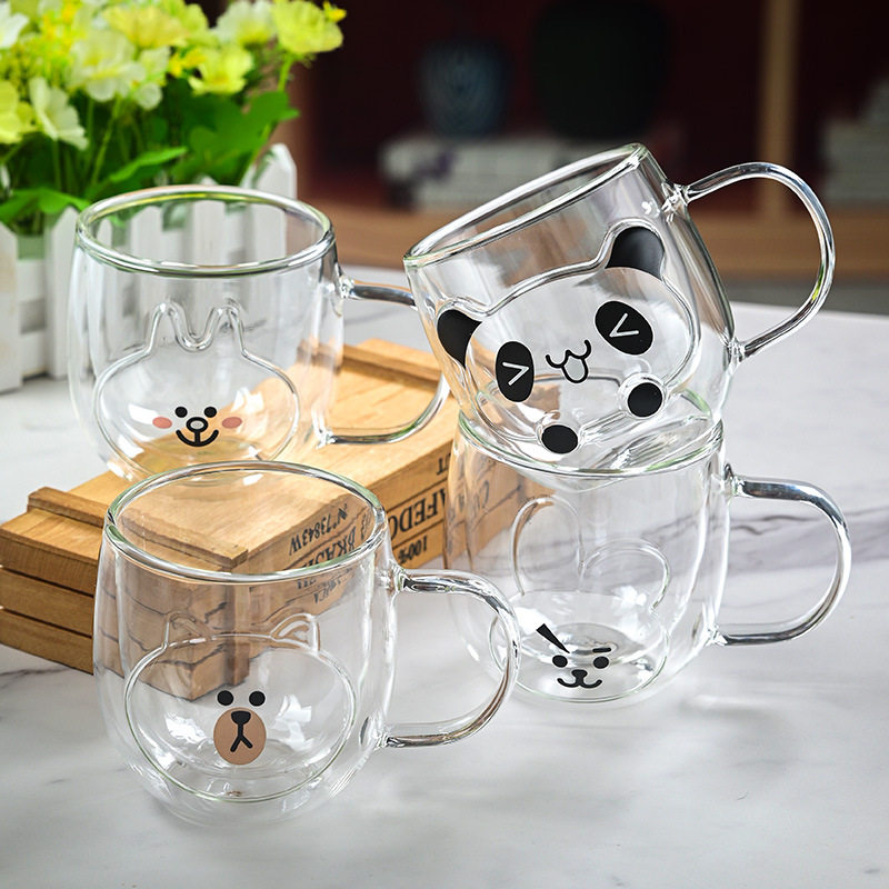 可爱双层玻璃杯高硼硅隔热茶杯带手柄家用办公水杯早餐杯咖啡杯