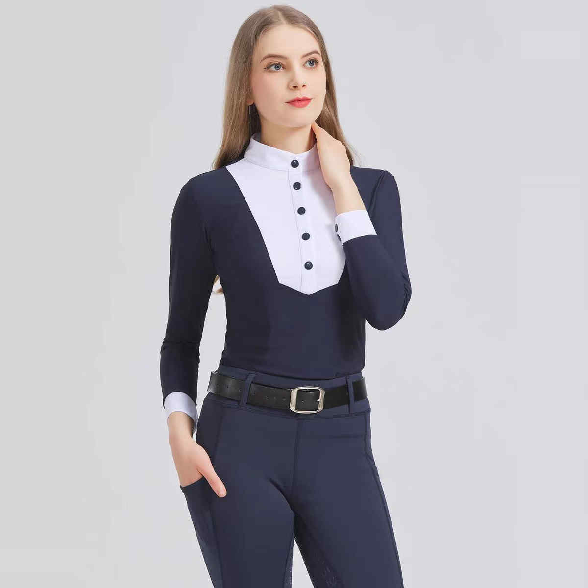 春夏季长袖马术T恤骑马上衣女衬衫骑马装马术服装女打底针织衫女