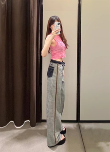ZA女装夏季2023 辣妹内层外穿式高腰阔腿裤休闲牛仔裤6186048 400