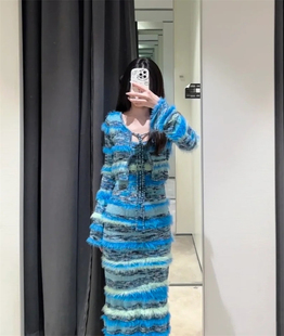 YT&UR女装秋复古撞色条纹系带短款针织开衫毛衣上衣 UWL930005