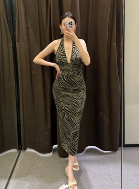 2024新品 ZA女装都市风气质时尚挂脖领露背印花绢网连衣裙8314476