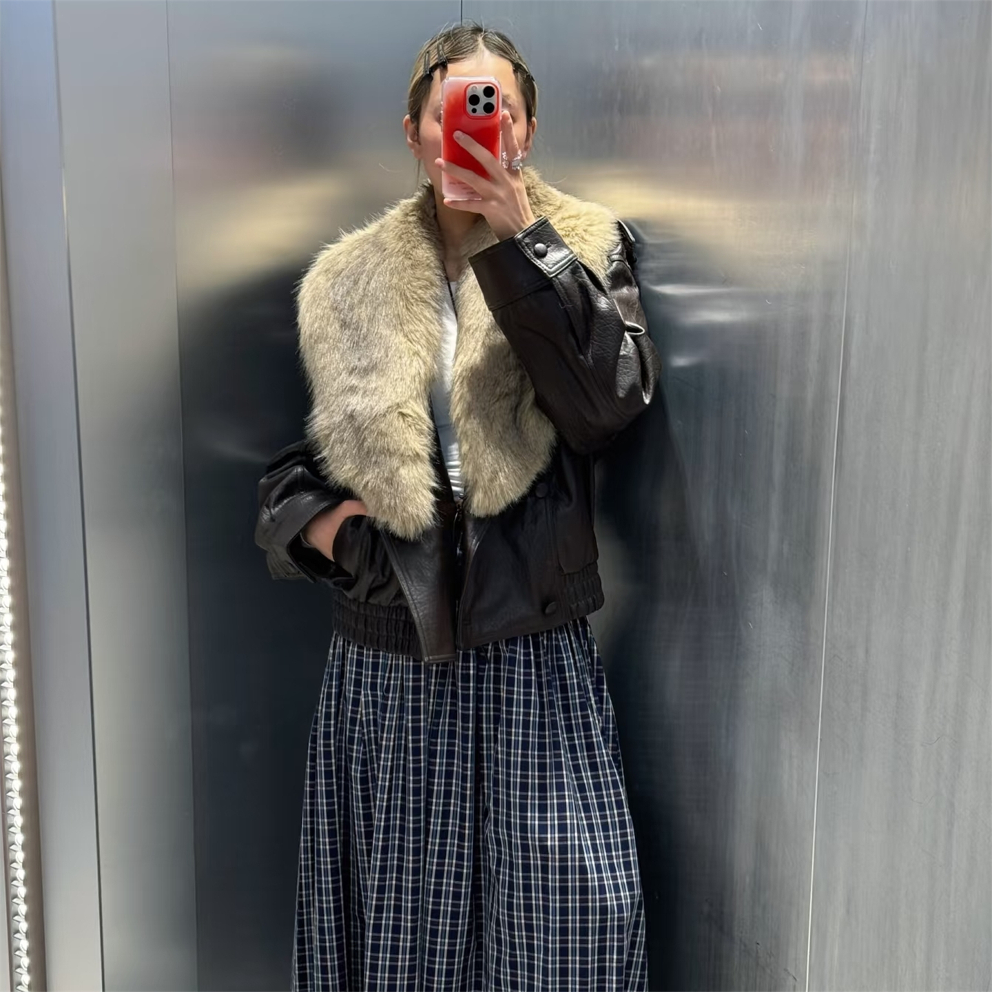 可拆皮草毛领仿皮夹克外套皮衣