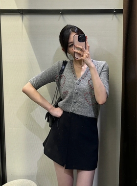 2024新品 ZA女装甜美V领珠宝装饰短袖针织开衫短款外套春4331003