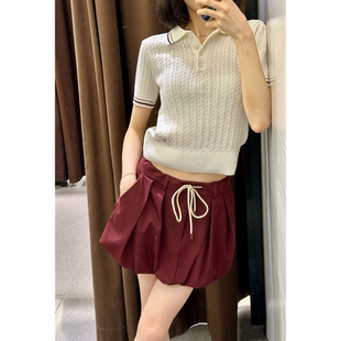 翻领POLO衫 ZA女装 罗纹八股编短袖 2024秋新款 针织上衣5644851 美式