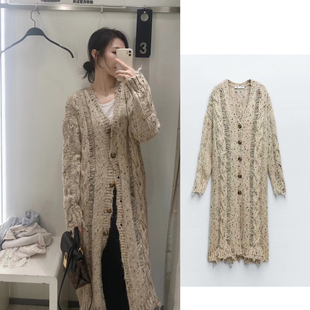 ZA女装秋季 慵懒风休闲破洞装饰八股编针织衫大衣外套6771133 704