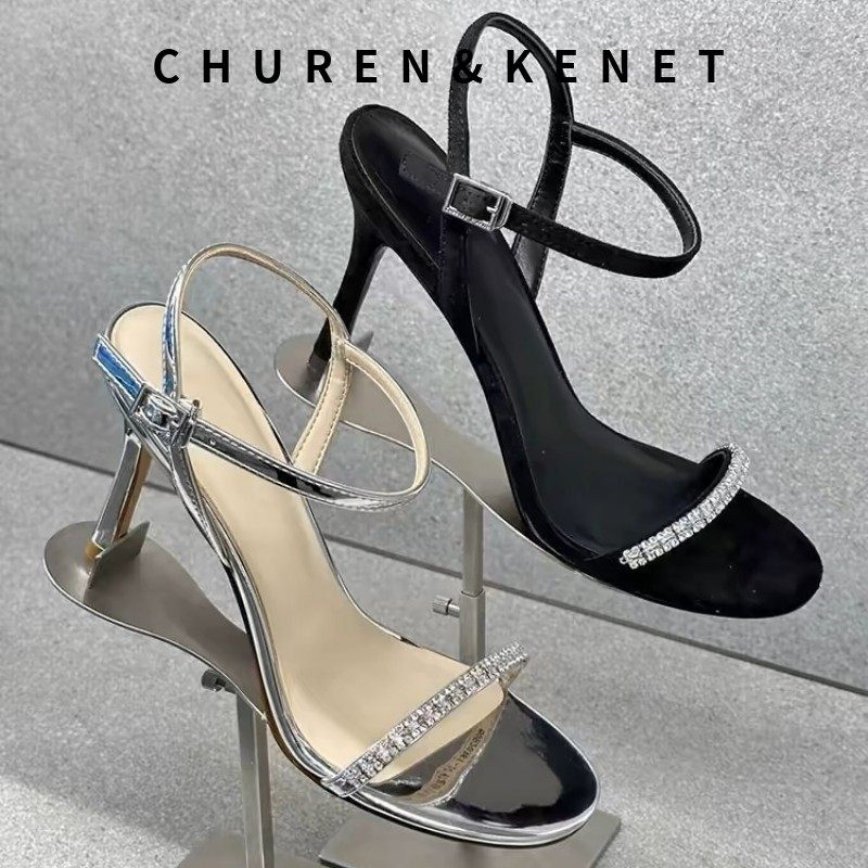 CHUREN&KENET2024春夏新款小众亮钻一字带露趾高跟凉鞋女性感百搭