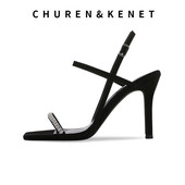 婚鞋 一字带职业工作高跟鞋 女水钻夏季 黑色真皮半宝石凉鞋 百搭鞋 子