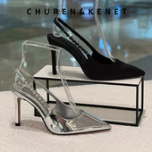 CHUREN&KENET春夏女鞋 职业工作鞋 小众时尚 链条尖头黑色高跟凉鞋