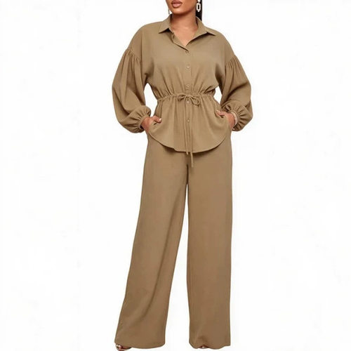 欧美优雅通勤休闲翻领衬衫阔腿裤两件套 outfits two piece suits