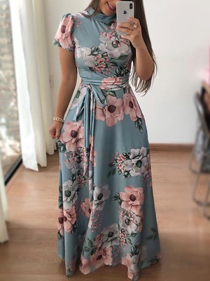 Women Long Dress Summer Floral Print Boho Beach Dresses 2xl