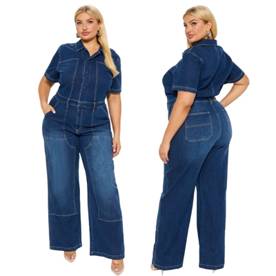 大码欧美跨境洗水牛仔连体裤连体裤女 jumpsuits jeans plus size