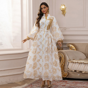 中东风格长袍裙民族女装珠片烧花晚礼服大摆欧美风长裙大码连衣裙