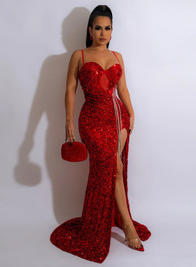 欧美女装性感吊带无袖亮片礼服开叉长裙 Sexy Sequin long Dress