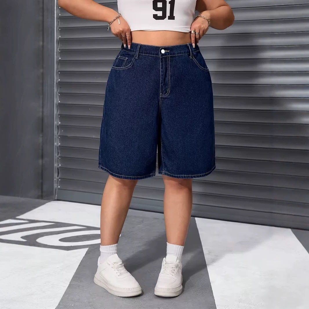大码宽松阔腿高弹力牛仔中裤子 plus size jeans women big size