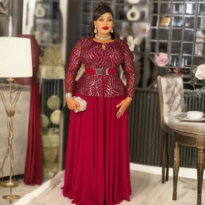 非洲大码长裙宴会派对礼服长裙非洲女装大码连衣裙配腰带妈妈礼服