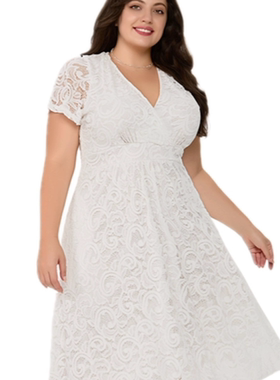 2026欧美跨境大码女装新款裙 plus size dress white lace dress