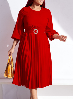 Plus Size dress women red Ladies OL dress solid color 大码裙
