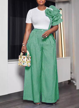 plus size suits women outfits 欧美圆领短袖条纹阔腿裤两件套装