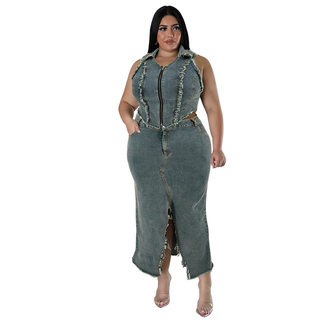 plus size two piece denim dress set with top and skirt suits